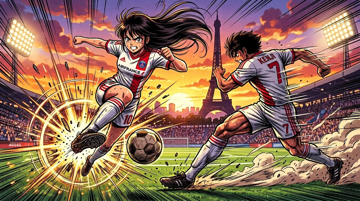 Deux joueuses de football s'affrontent devant la Tour Eiffel