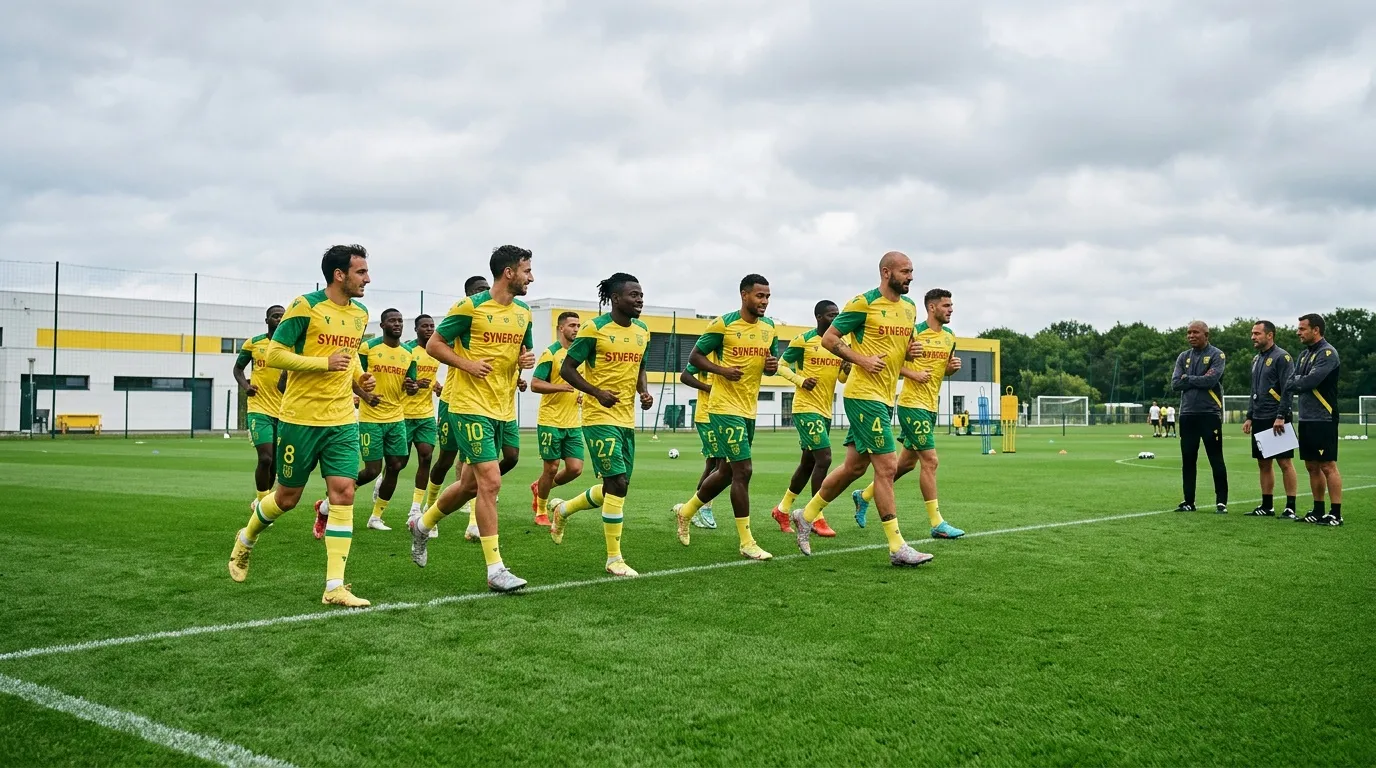 Joueurs en jaune et vert courant pendant séance d'entraînement football