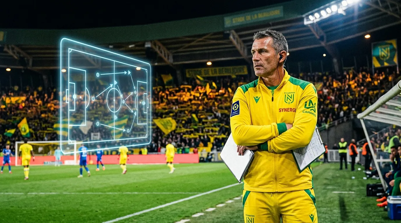 Coach en jaune examine schéma tactique holographique stade