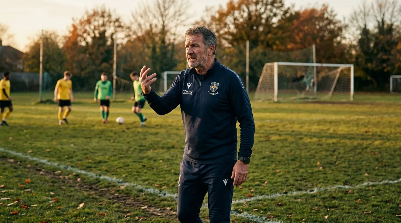 Coach en noir dirige jeunes joueurs sur terrain football