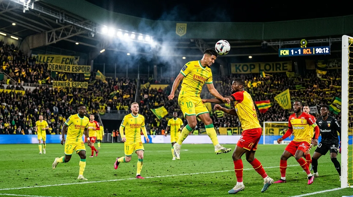 Joueur de Nantes en jaune fait un header contre Lens