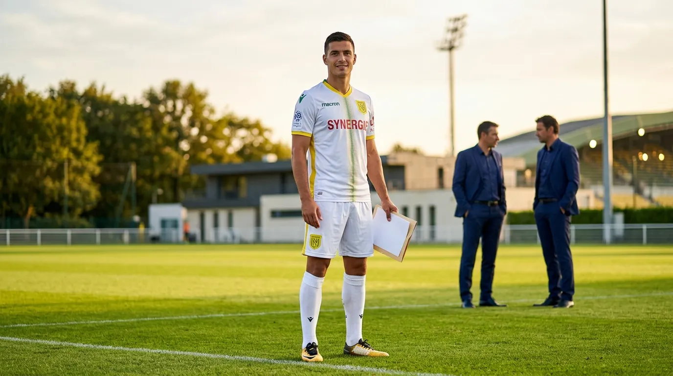 Joueur de football posant sur terrain en tenue officielle
