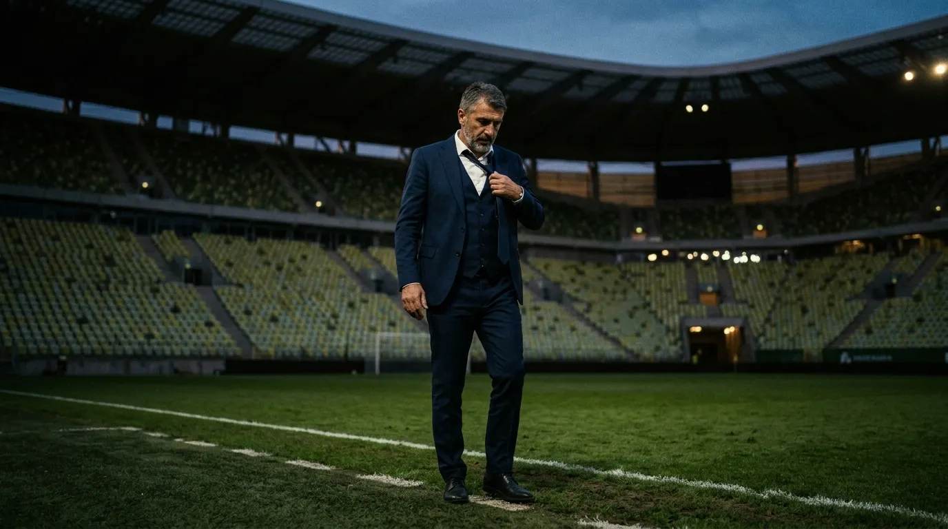 Homme en costume bleu marine marchant sur pelouse stade vide