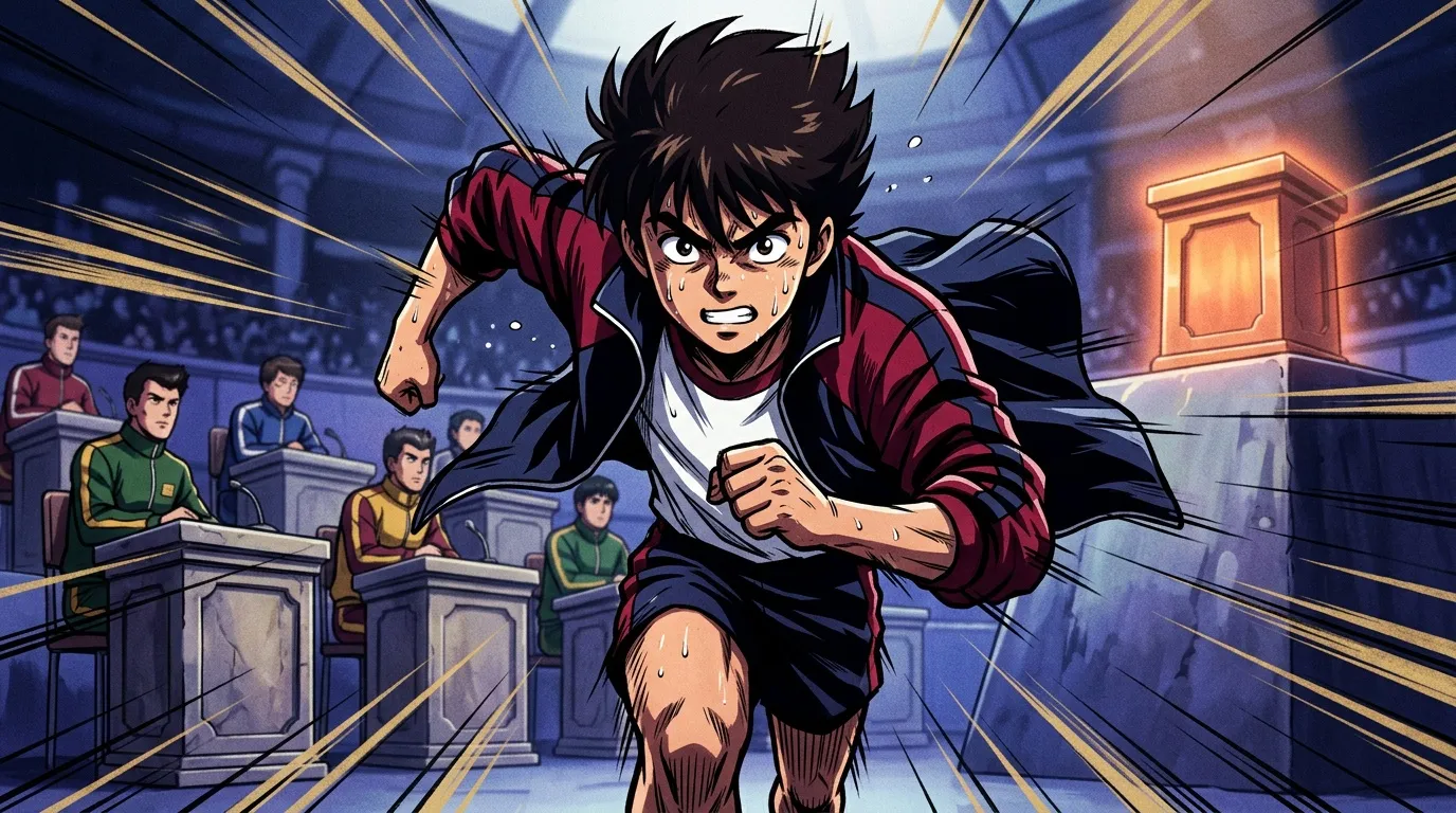 Boxeur anime en tenue rouge fonc&eacute;, poing lev&eacute;, public en arri&egrave;re-plan