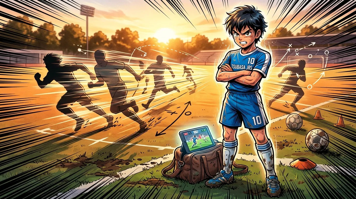 Jeune joueur football num&eacute;ro 10 en bleu avec &eacute;quipe en arri&egrave;re-plan