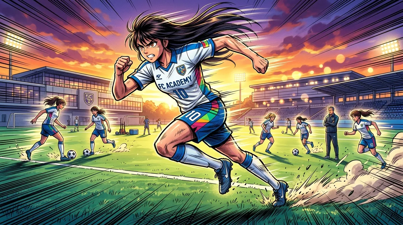 Fille jouant au football dans un stade acad&eacute;mique