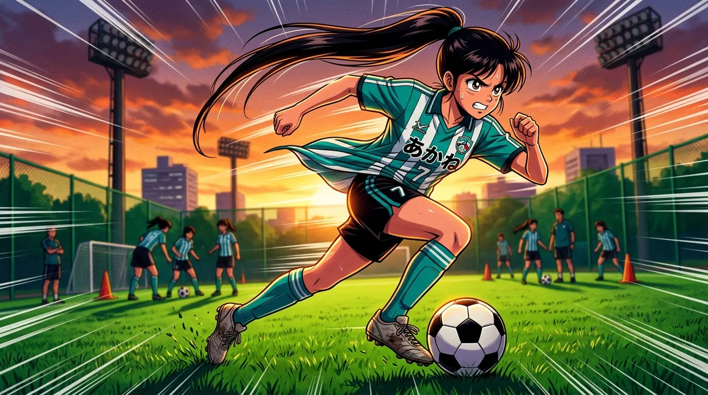 Fille anime dribble ballon football stade coucher soleil