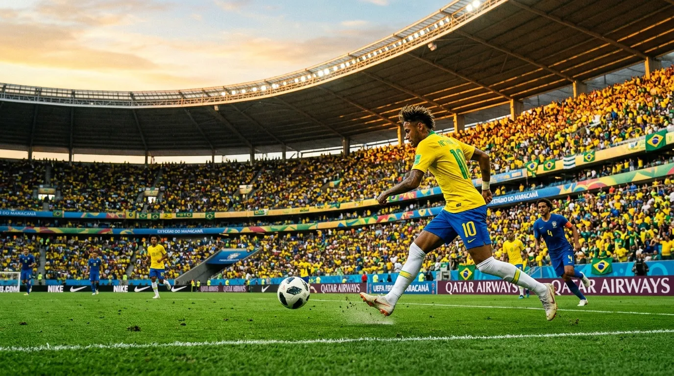 Footballer wearing yellow jersey dribbling ball in stadium