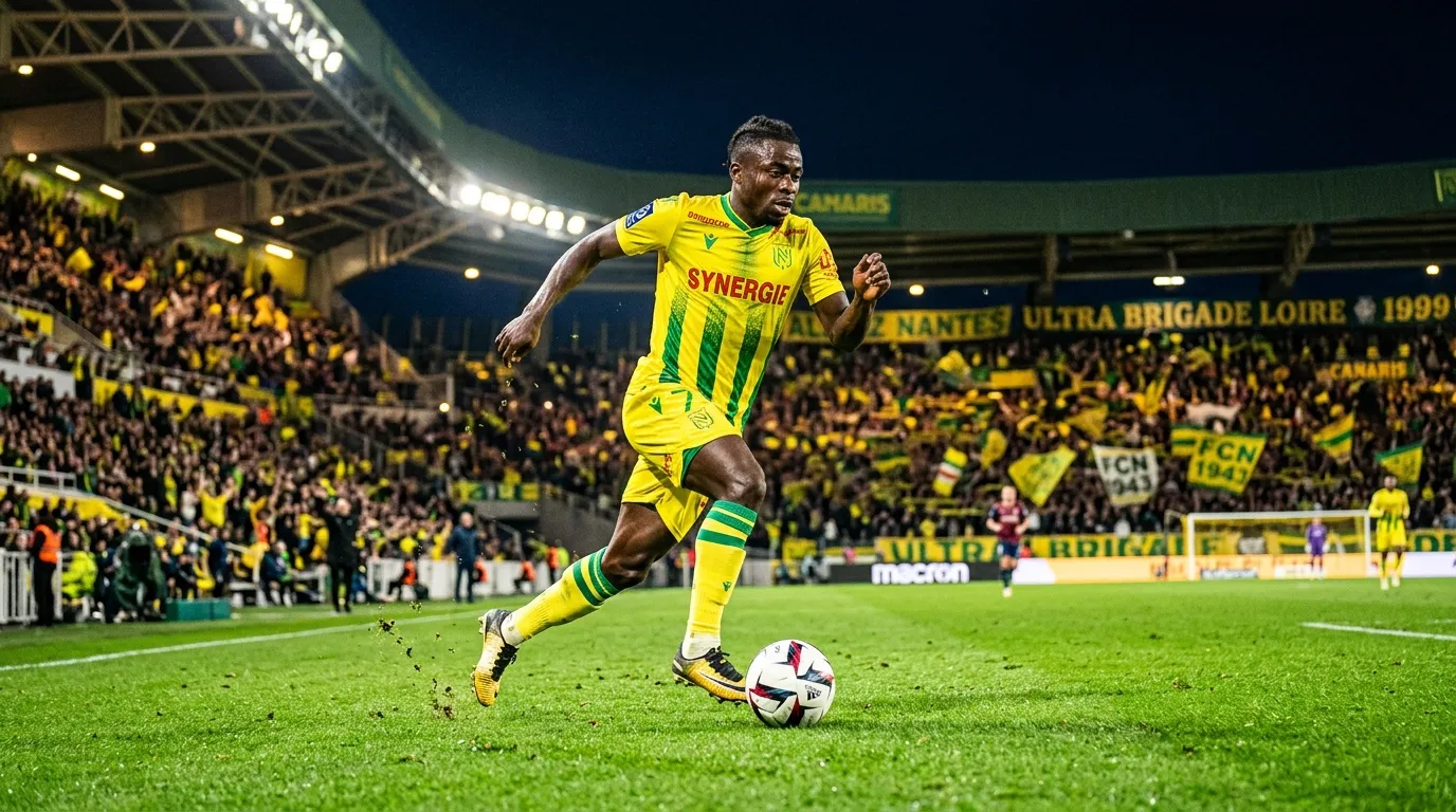 Footballeur en maillot jaune dribble le ballon en match