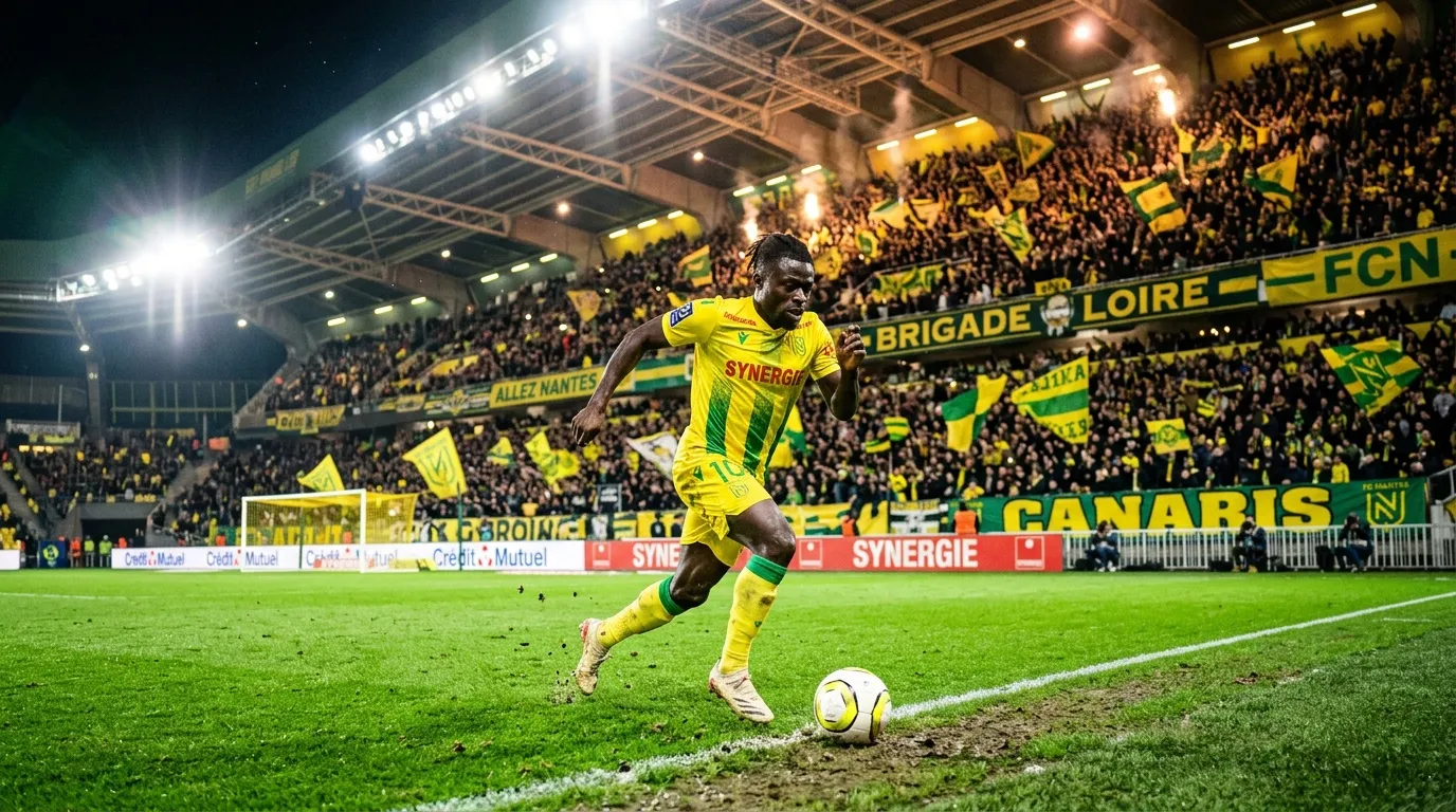 Joueur en jaune contrôle le ballon sous les projecteurs