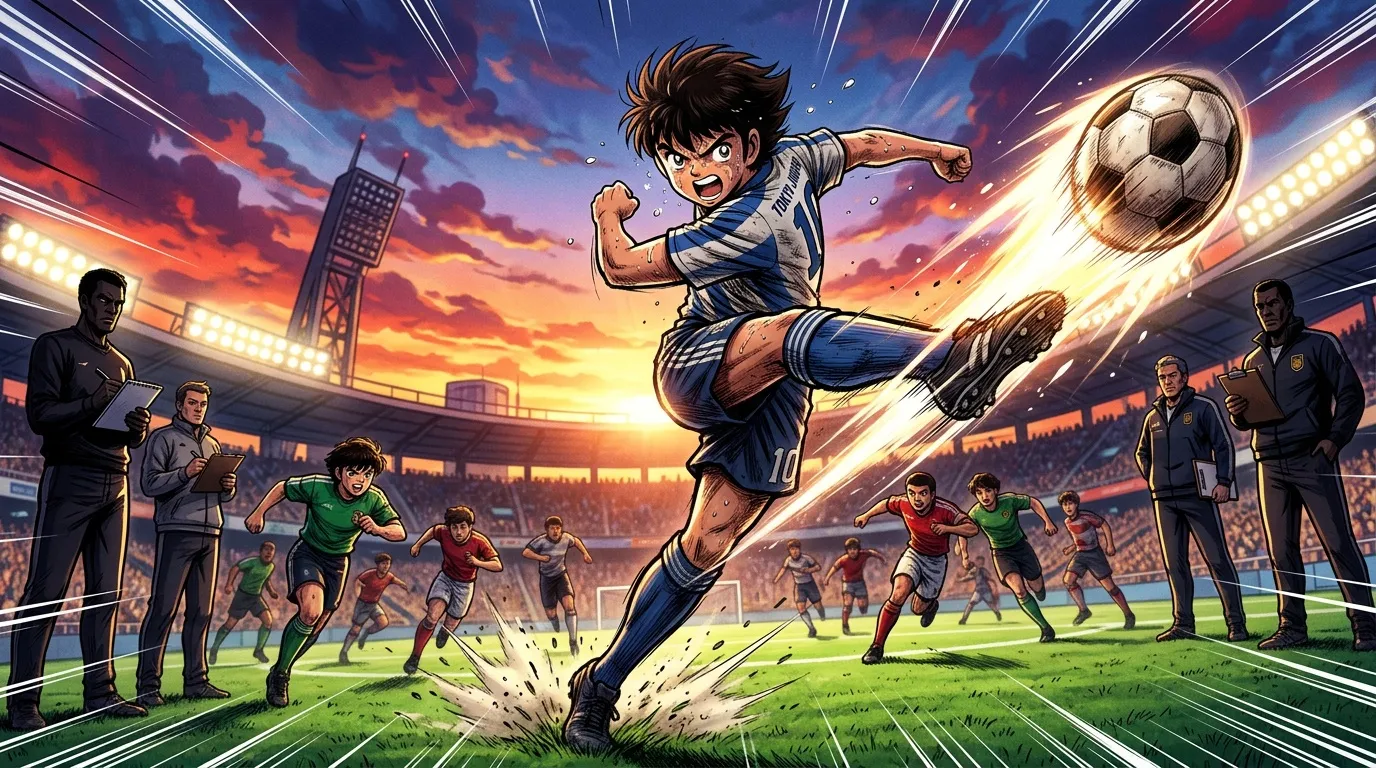 Jeune joueur de football effectuant un tir spectaculaire en stade