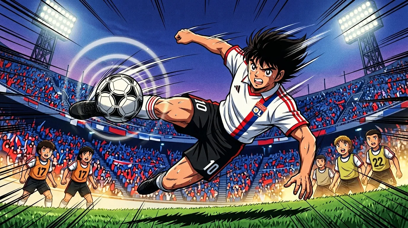Joueur anime marque un but spectaculaire au football