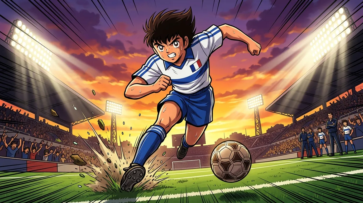 Jeune joueur de football tire un but spectaculaire en stade