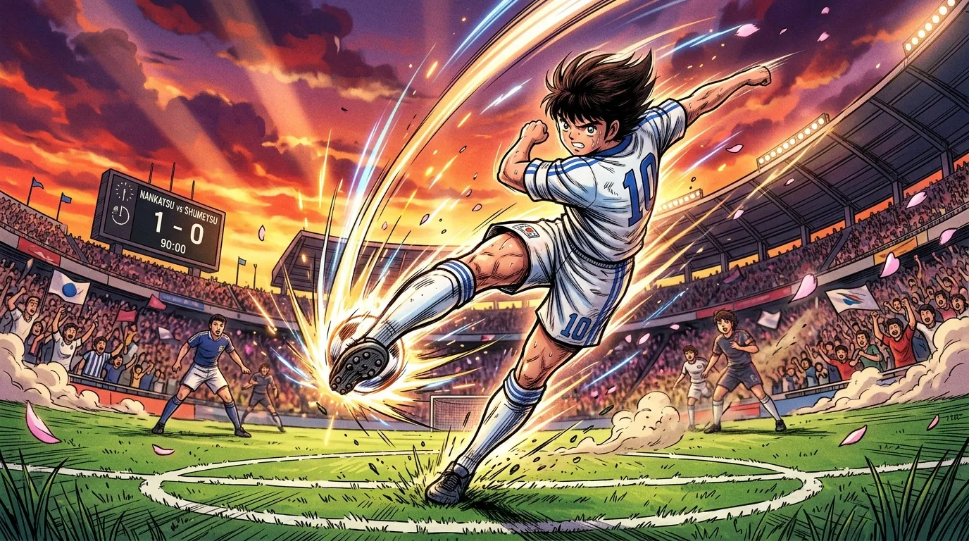 Joueur anime tire un tir puissant au football en stade