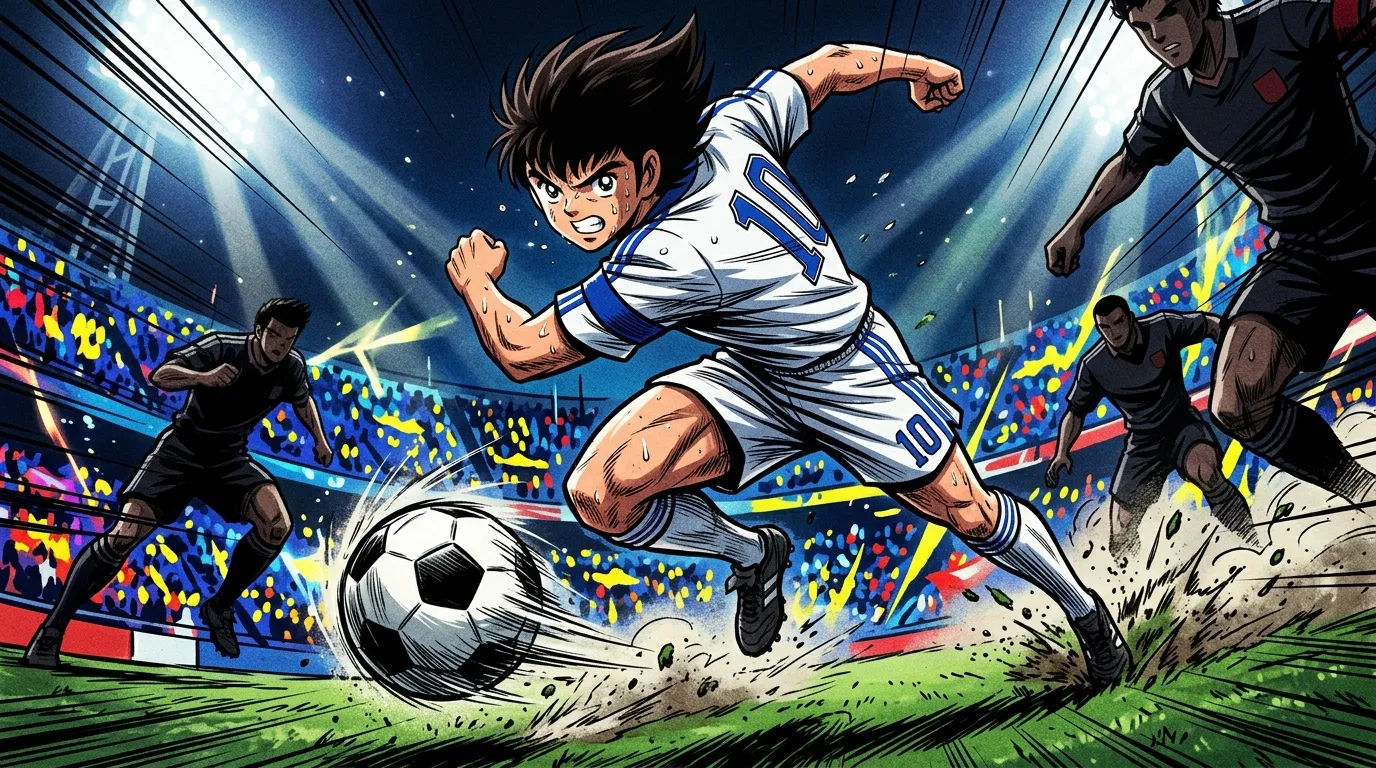 Joueur anime frappant ballon stade rempli supporters