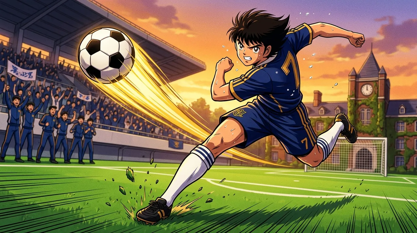 Jeune joueur anime tirant un ballon de football brillant au stade