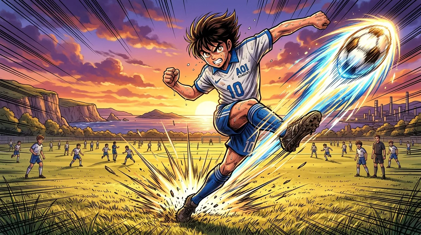 Jeune joueur de foot ex&eacute;cute un tir surpuissant et luminescent