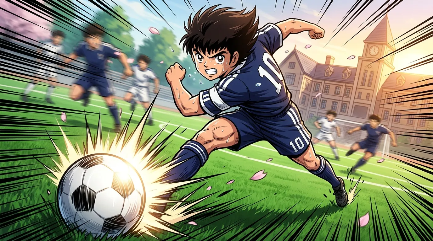 Jeune footballeur anime tirant un puissant coup de pied