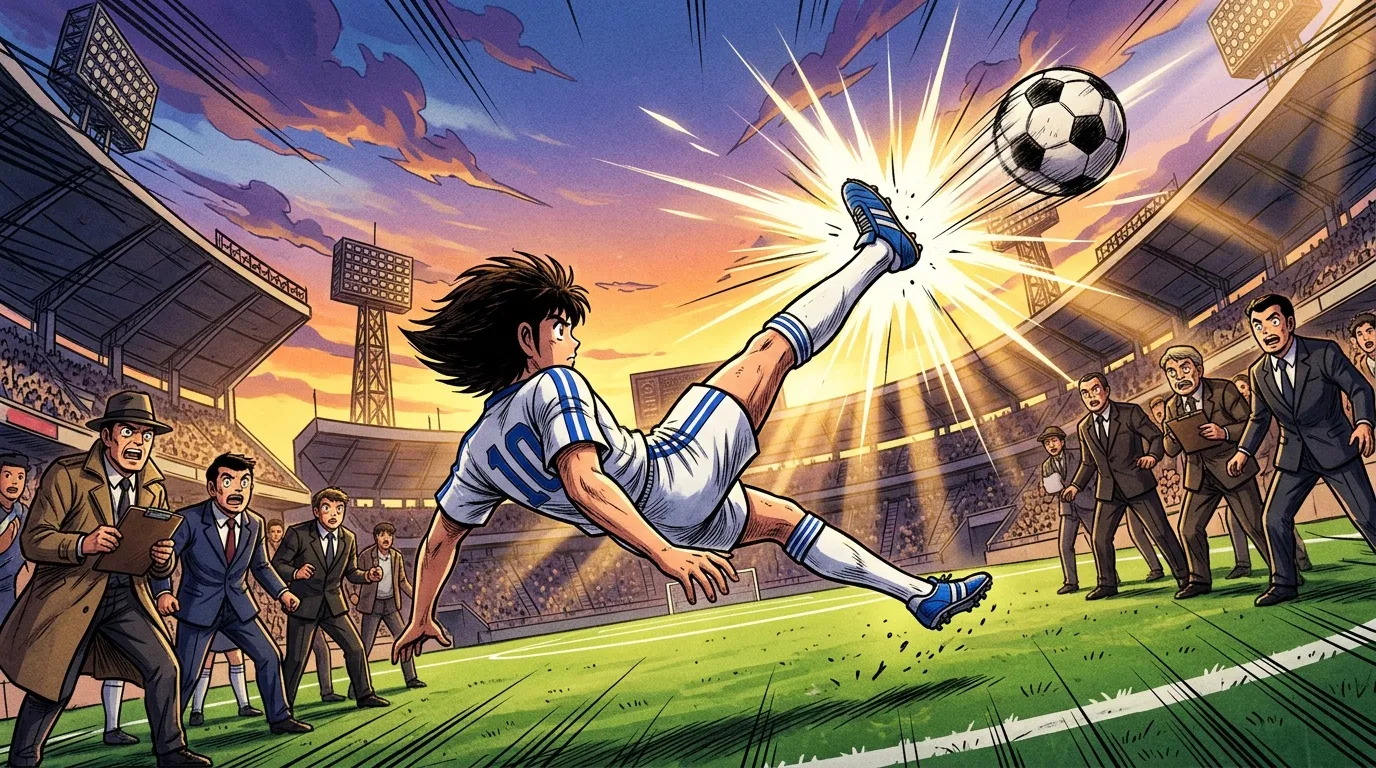 Joueur effectue un tir acrobatique au football sous les regards