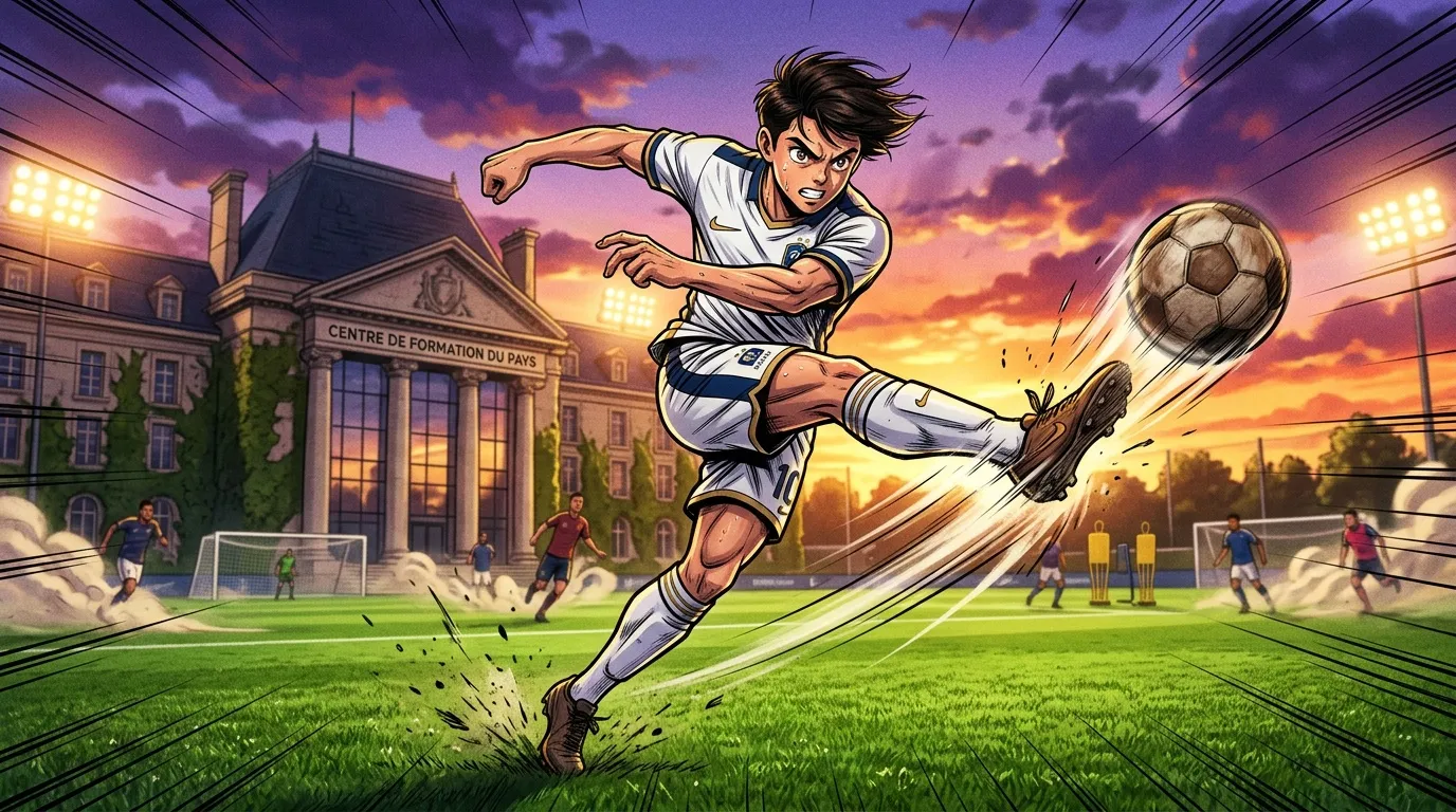 Jeune joueur effectue un tir puissant au football en illustration.