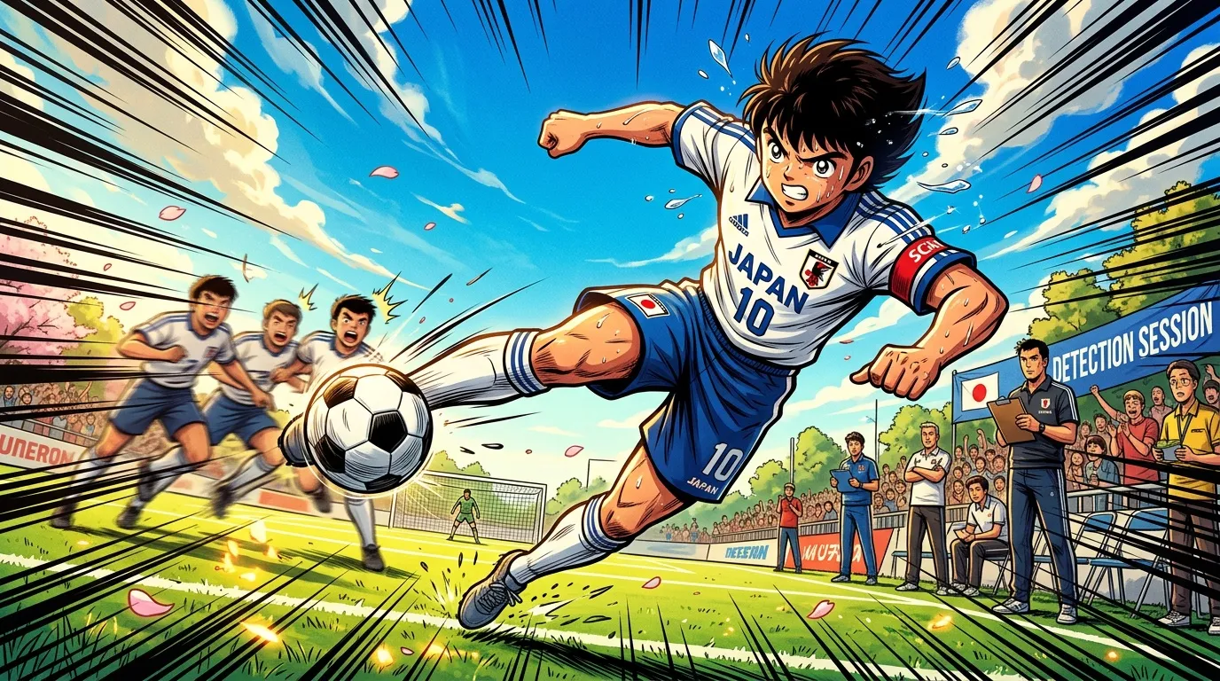 Joueur japonais num&eacute;ro 10 effectuant un tir spectaculaire au football