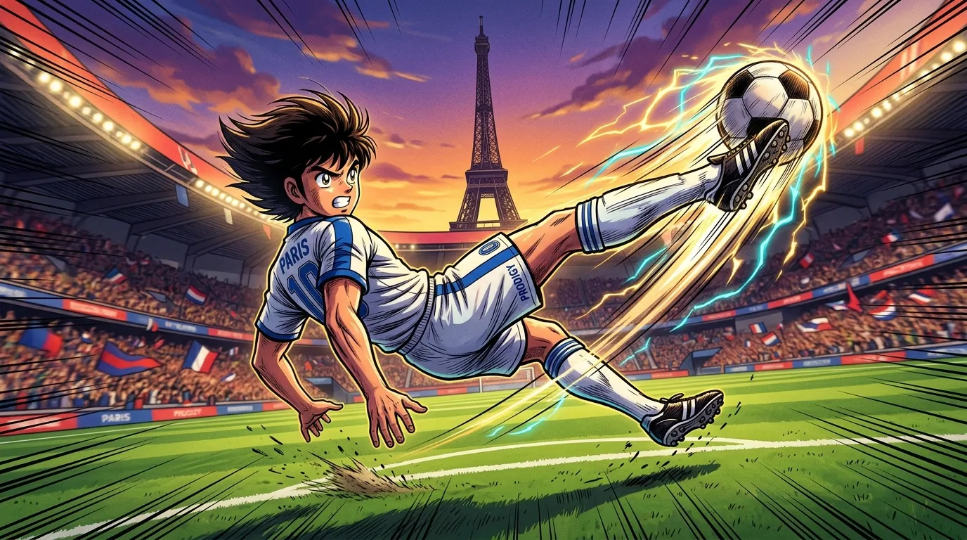 Joueur de football effectue un tir puissant au Parc des Princes