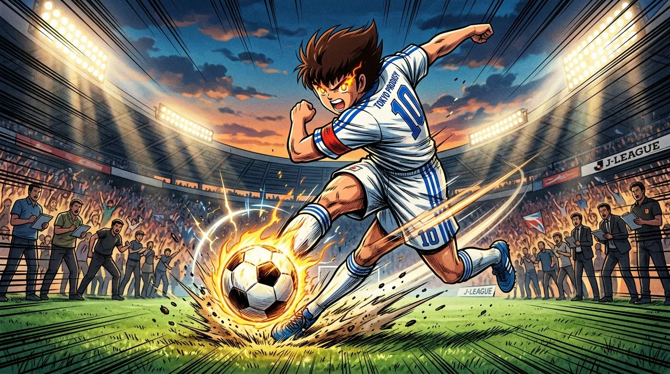 Joueur anime tirant un ballon de feu au stade.