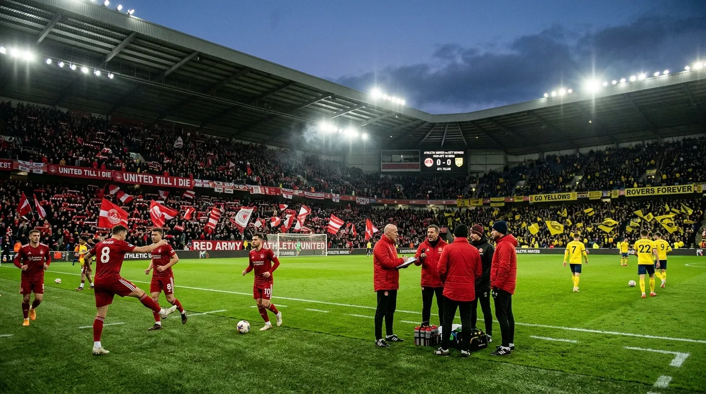Équipes de football rouges et jaunes en match nocturne