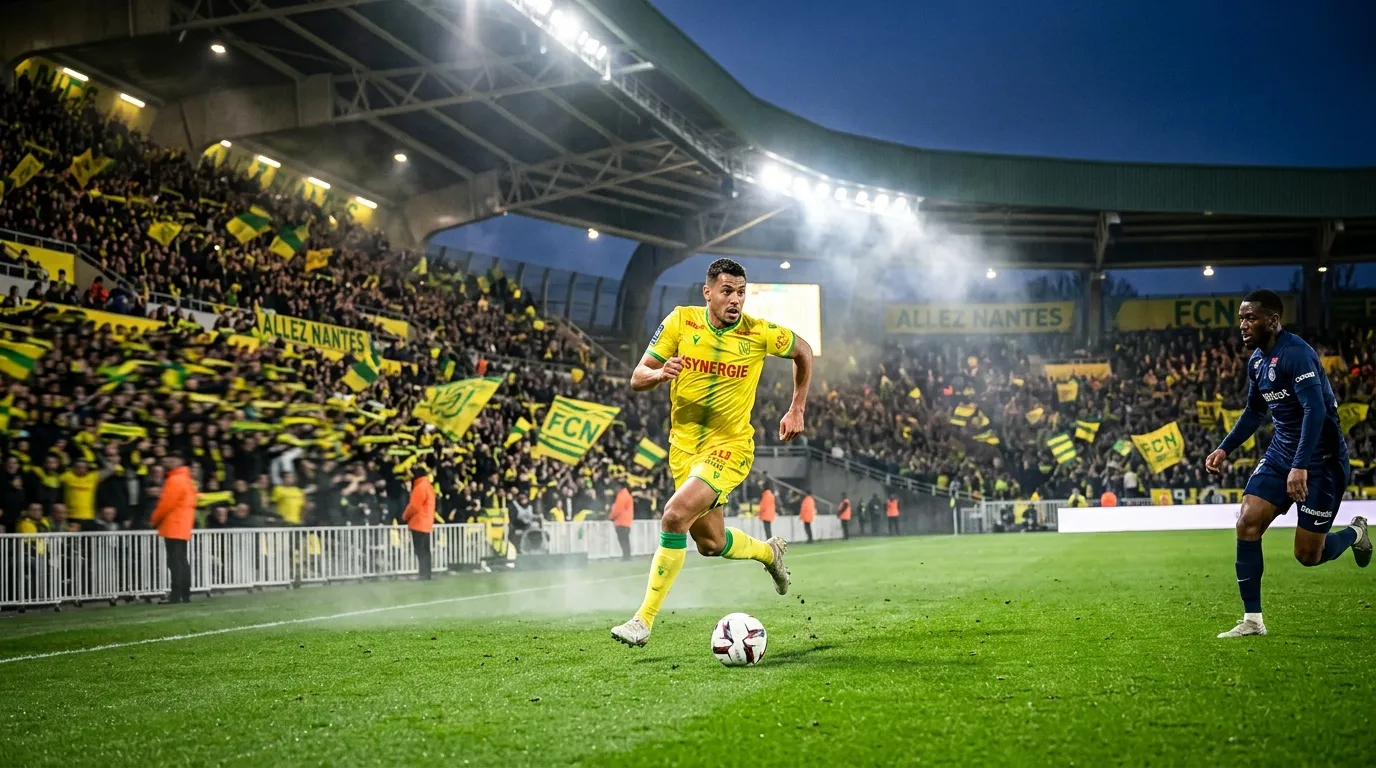 Joueur en jaune contrôle le ballon sous les projecteurs du stade