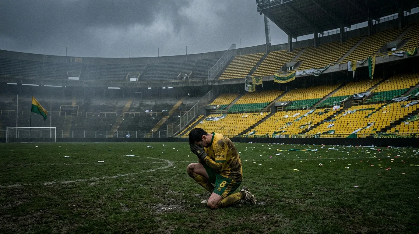 Joueur agenouillé seul sur le terrain du stade vide