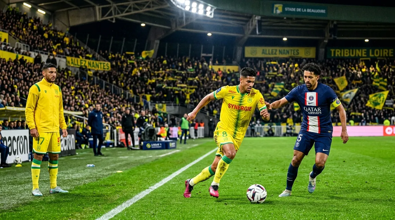 Match de football Nantes PSG, joueur en jaune avec ballon