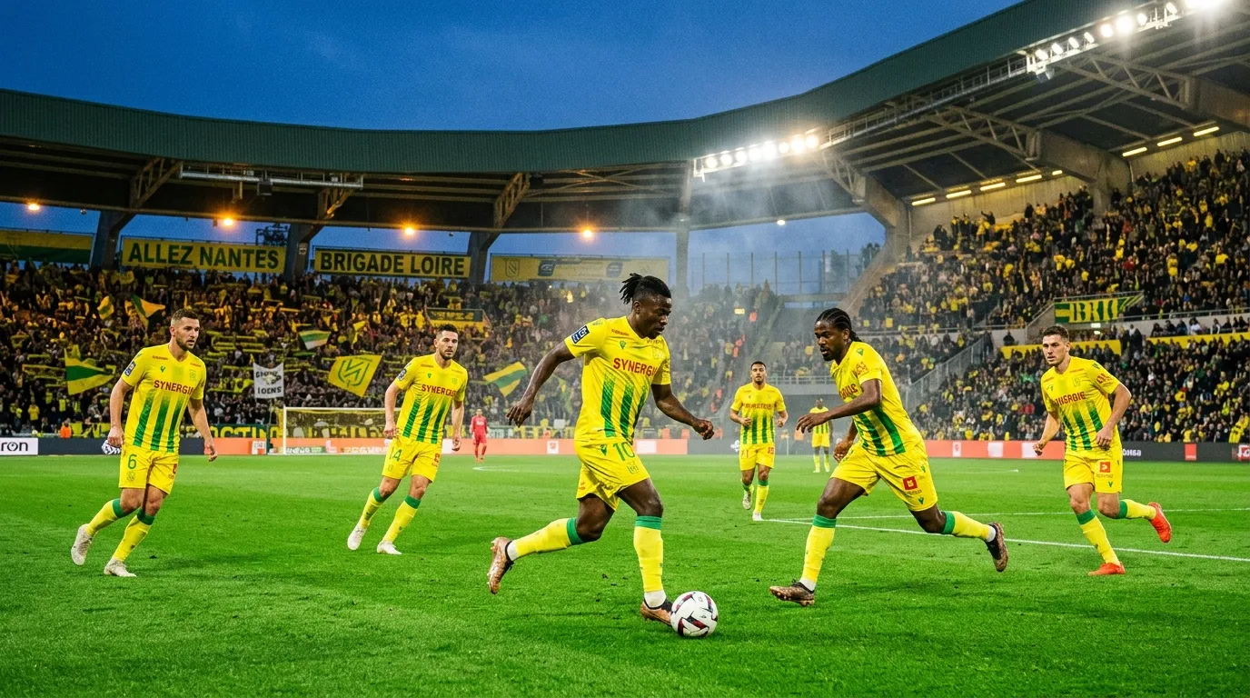 Joueurs de Nantes en jaune et vert contrôlant le ballon en match