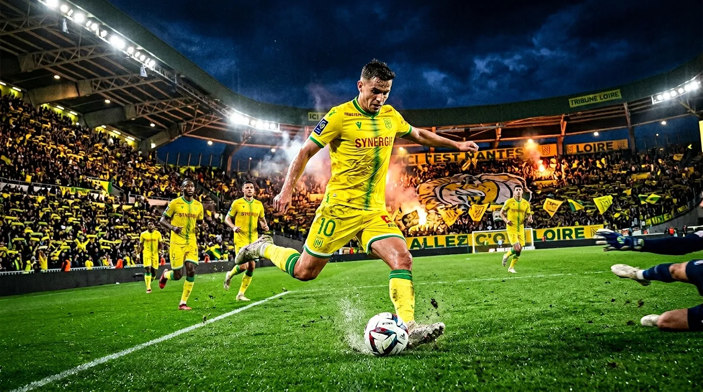 Joueur en jaune contrôle le ballon en match nocturne