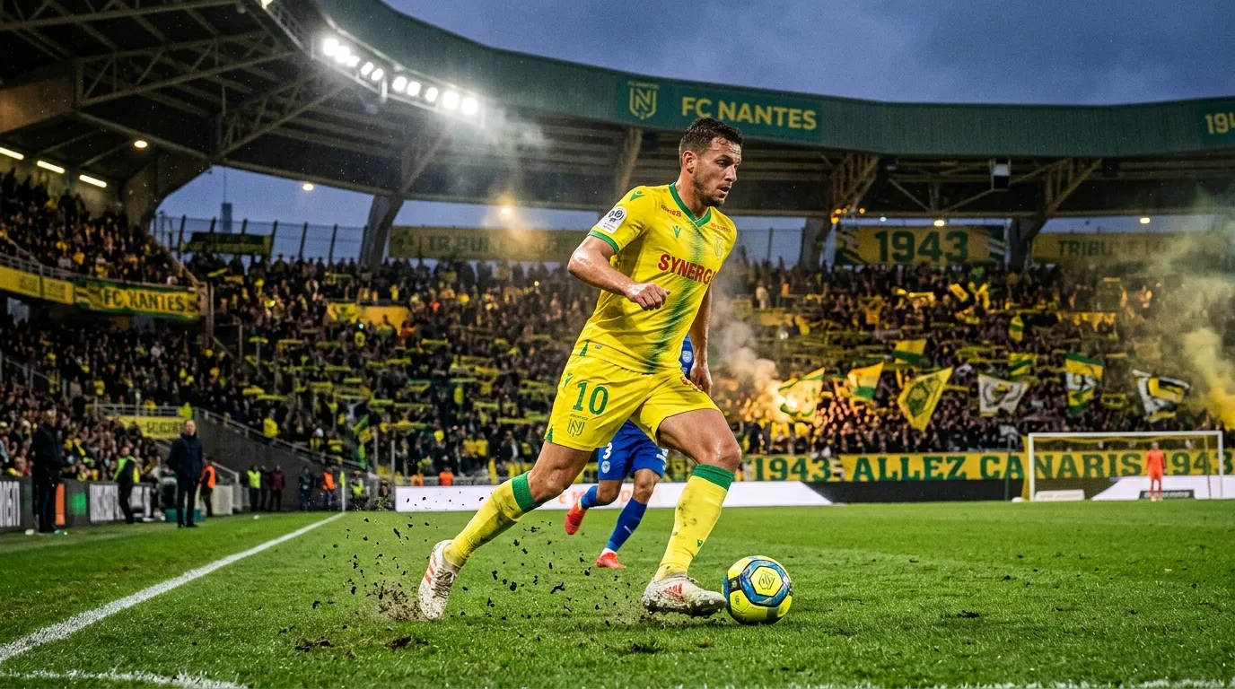 Joueur FC Nantes jaune contrôle ballon stade