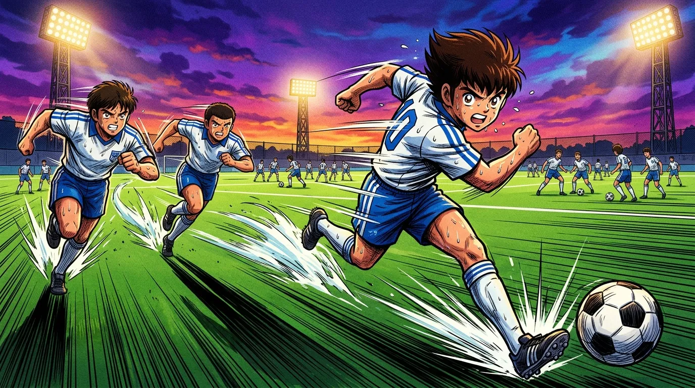 Joueurs de football en uniforme bleu et blanc courant vers le ballon