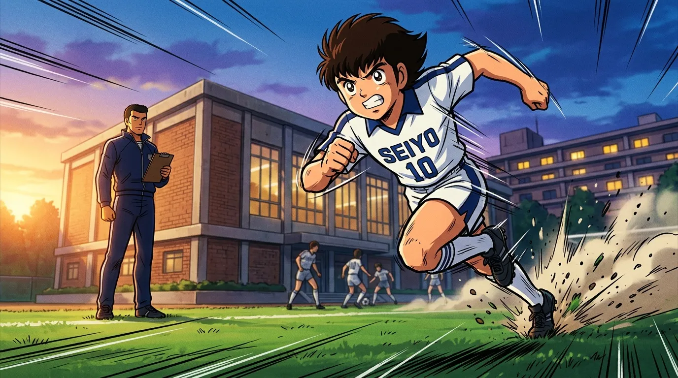 Joueur anime Seiyo dribble ballon devant &eacute;cole