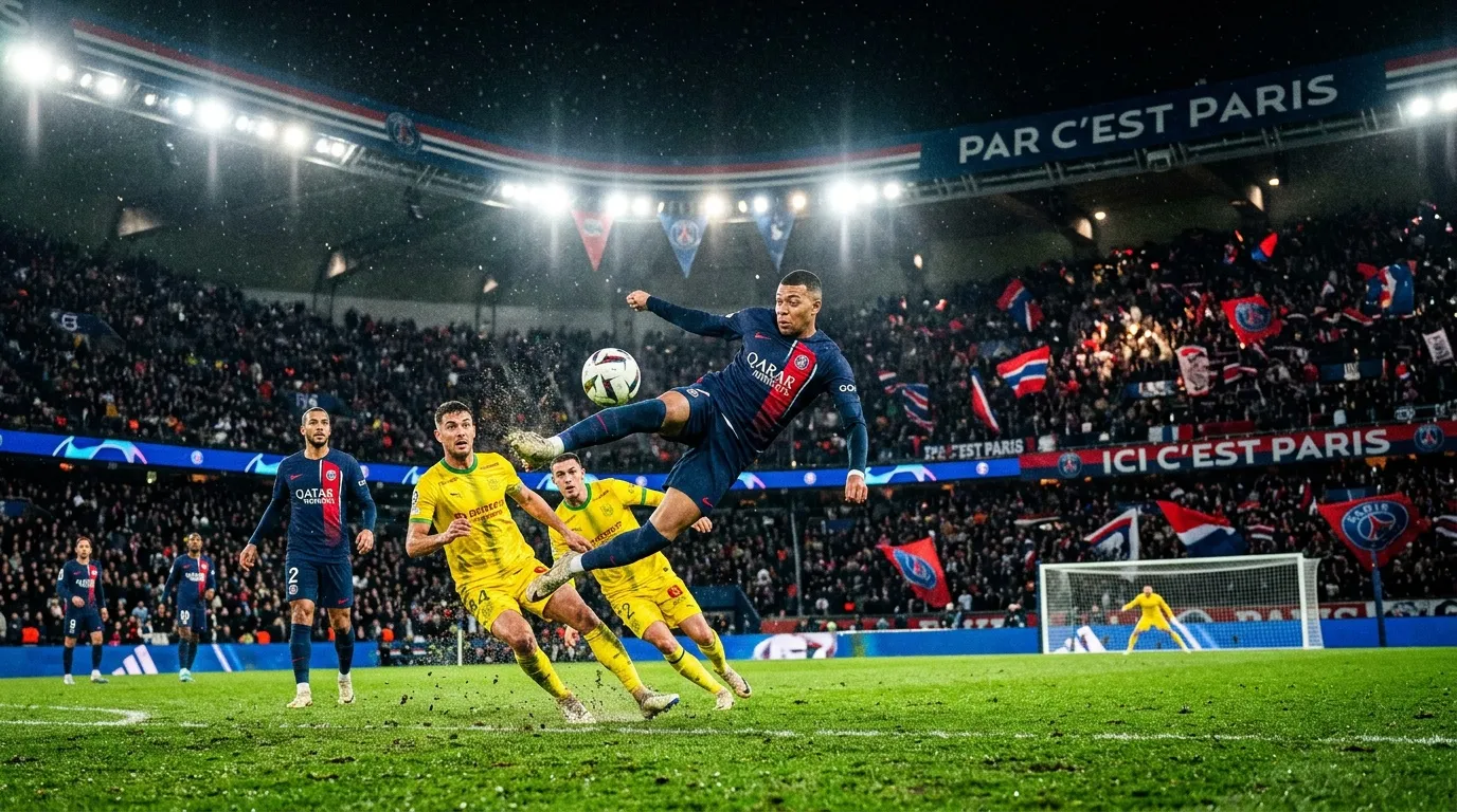 Joueur PSG saute pour contrôler le ballon, match nocturne