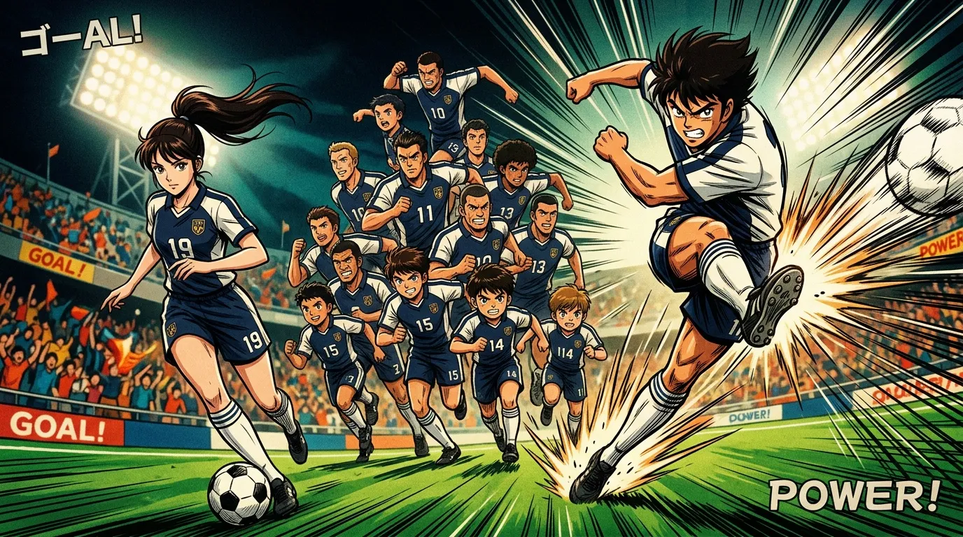&Eacute;quipe de football anime c&eacute;l&eacute;brant un but spectaculaire au stade