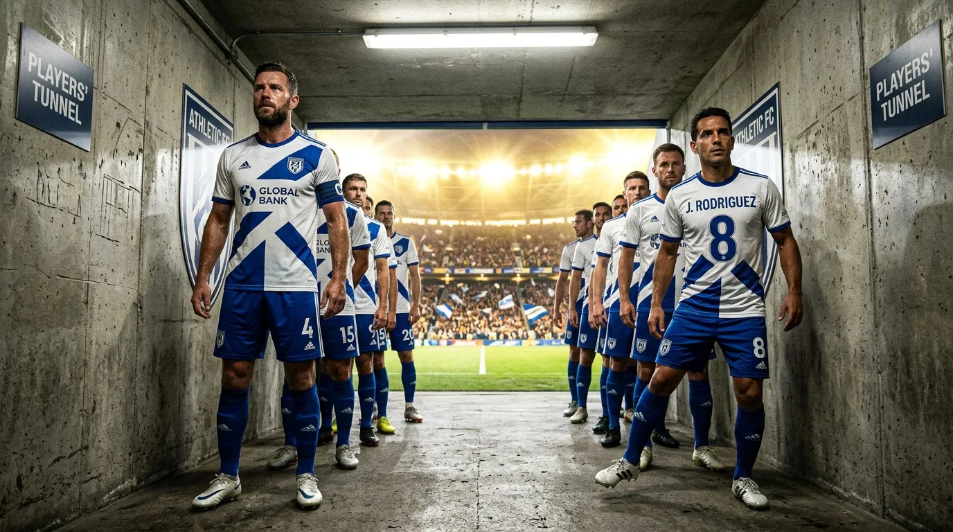 Joueurs de football en tunnel sortant vers le stade illuminé