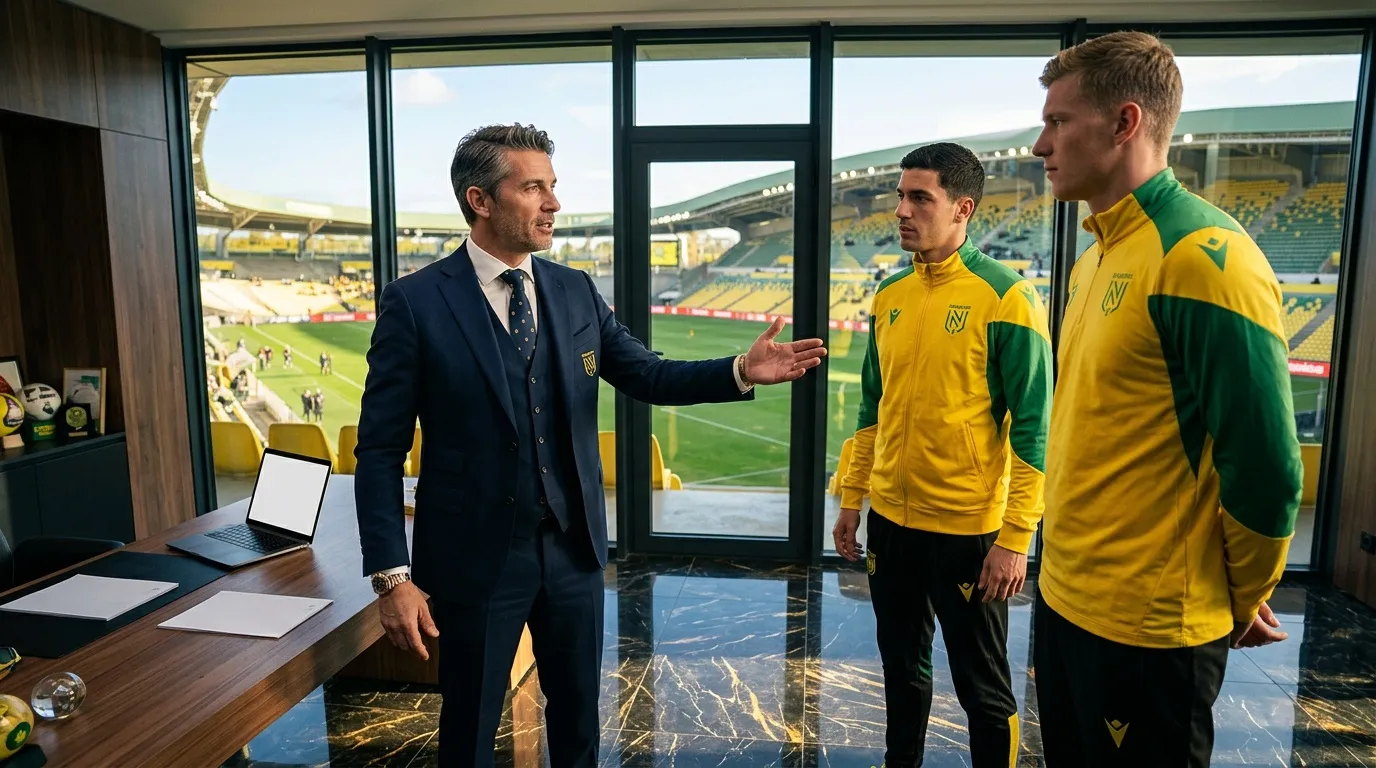 Homme en costume discute avec deux joueurs en tenue jaune-verte