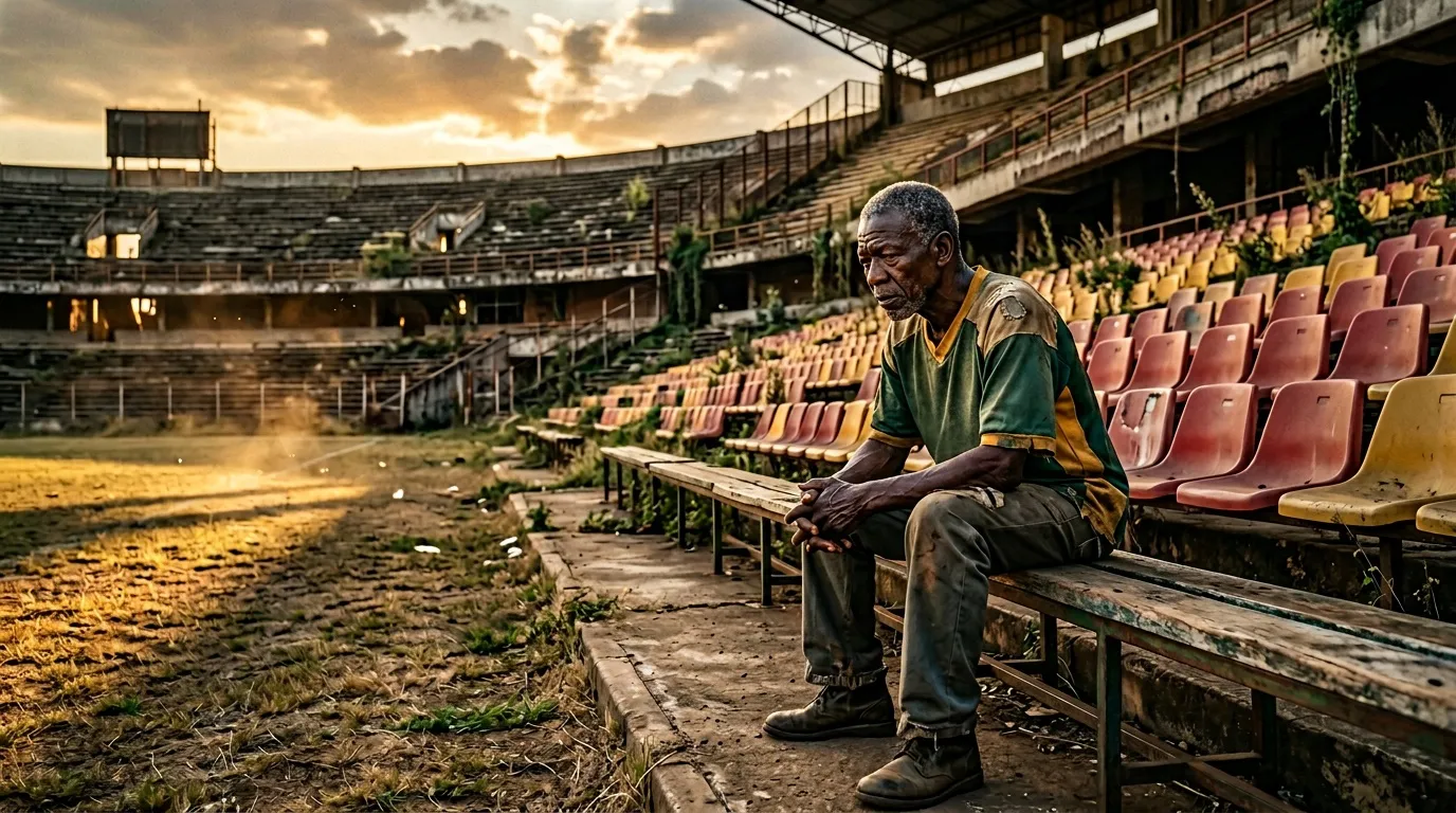 Homme assis seul dans un vieux stade désaffecté au coucher de soleil