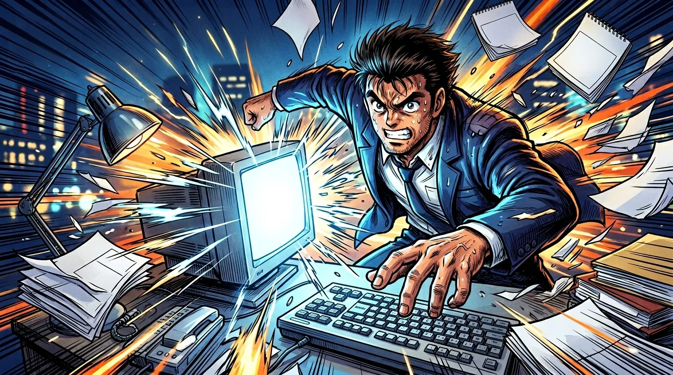 Homme stress&eacute; travaillant intens&eacute;ment sur ordinateur portable