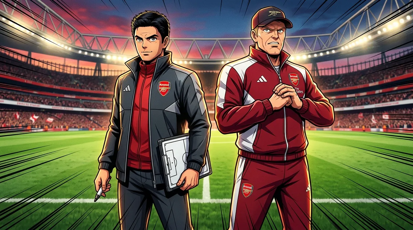Deux membres du staff Arsenal dans un stade de football.