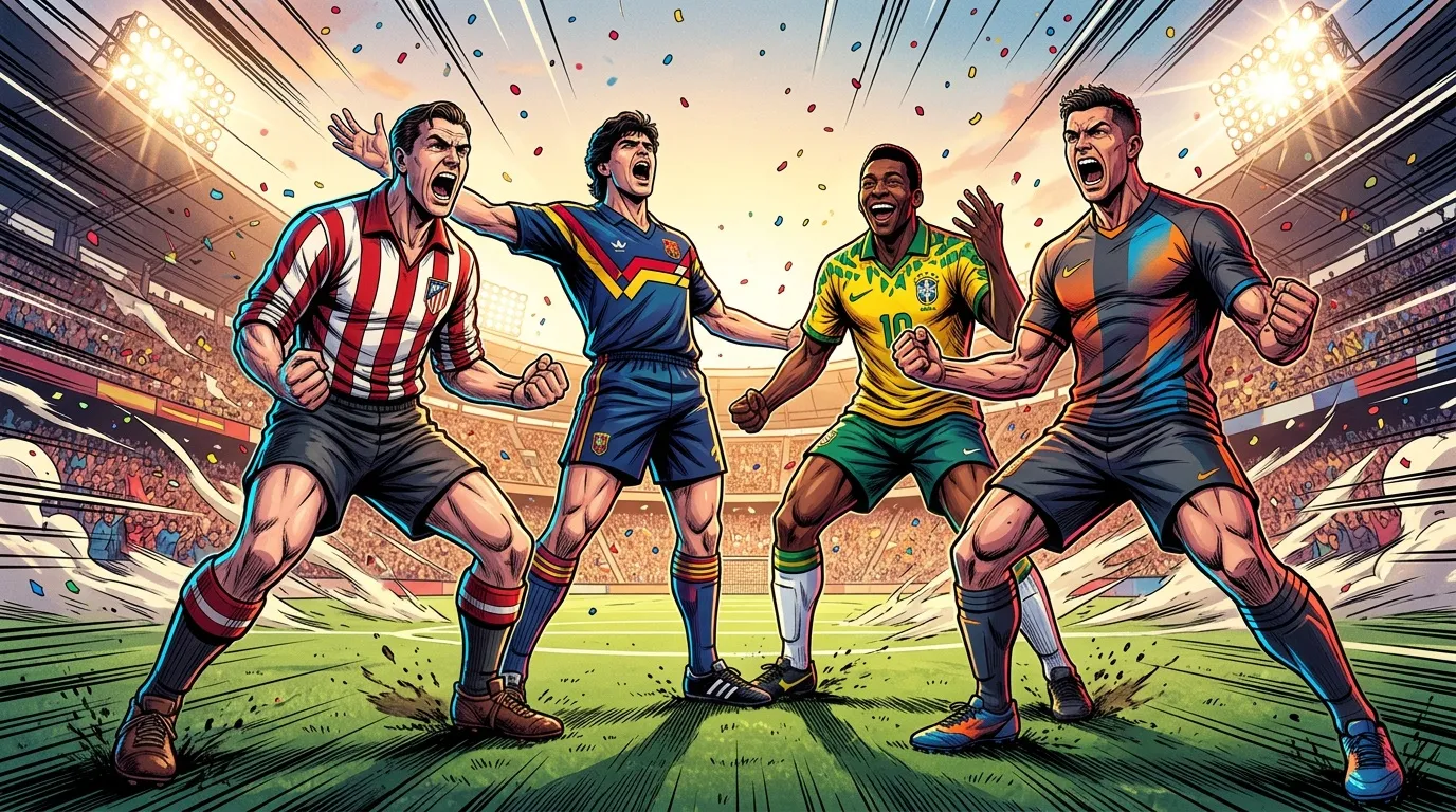 Quatre joueurs de football de diff&eacute;rentes nations c&eacute;l&egrave;brent ensemble au stade