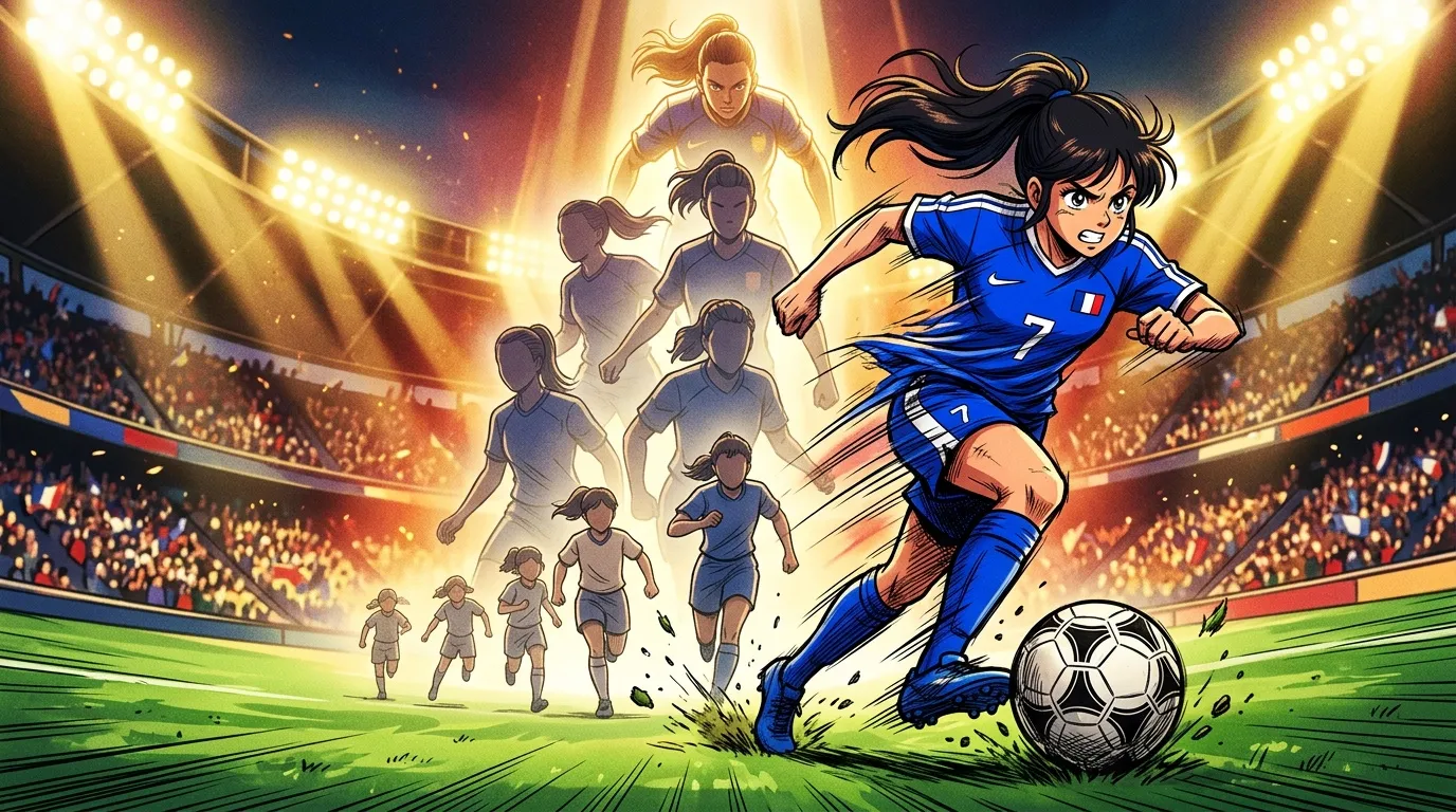 Jeune footballeuse en bleu dribblant le ballon au stade