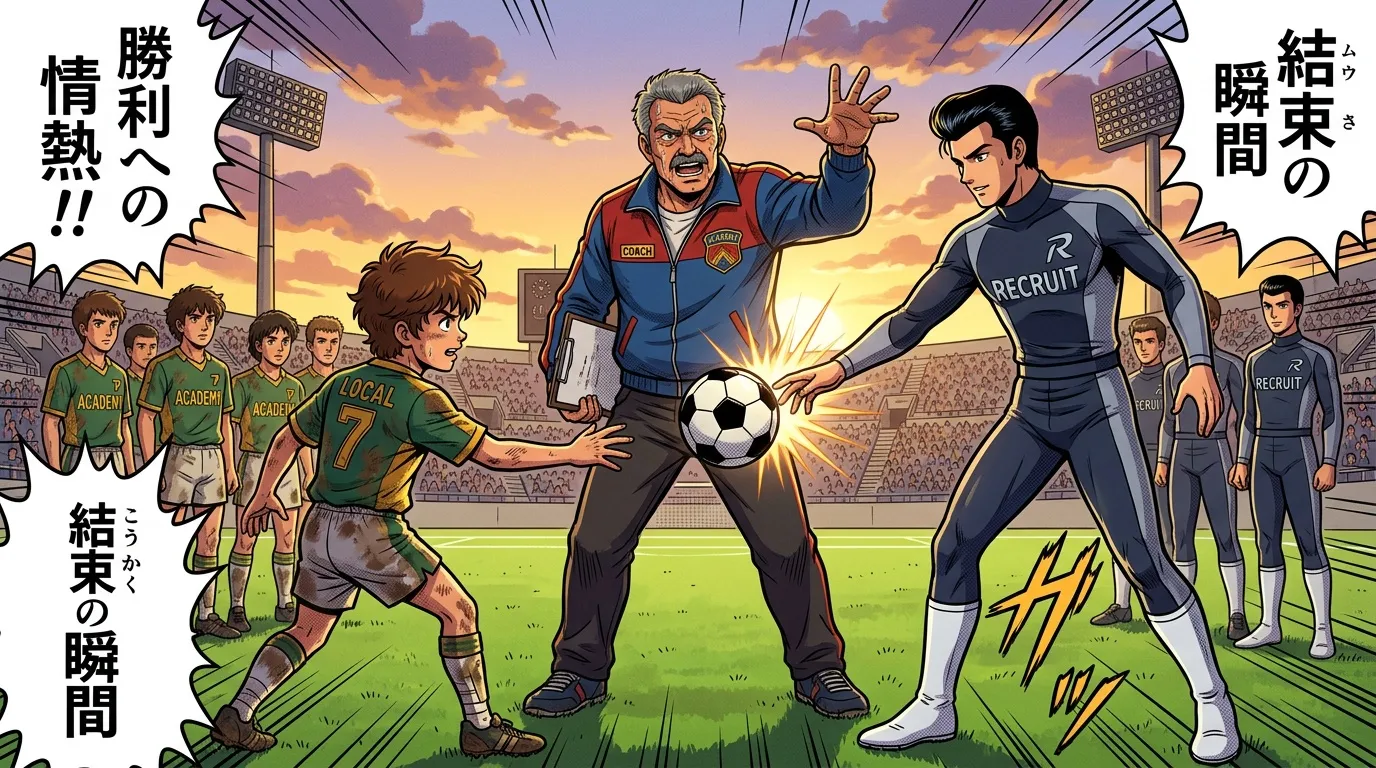 Coach et recrue face &agrave; face sur un terrain de football