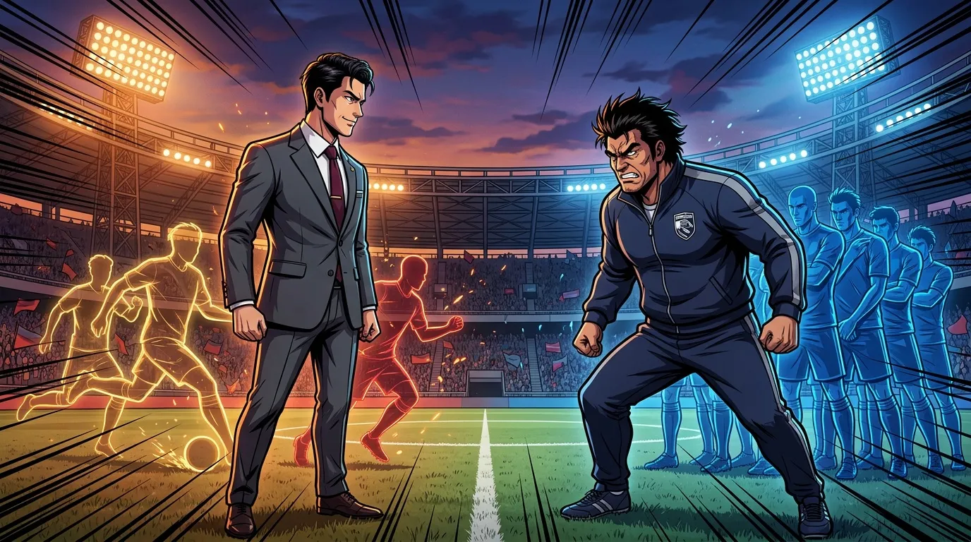 Deux hommes face &agrave; face sur terrain de football illumin&eacute;