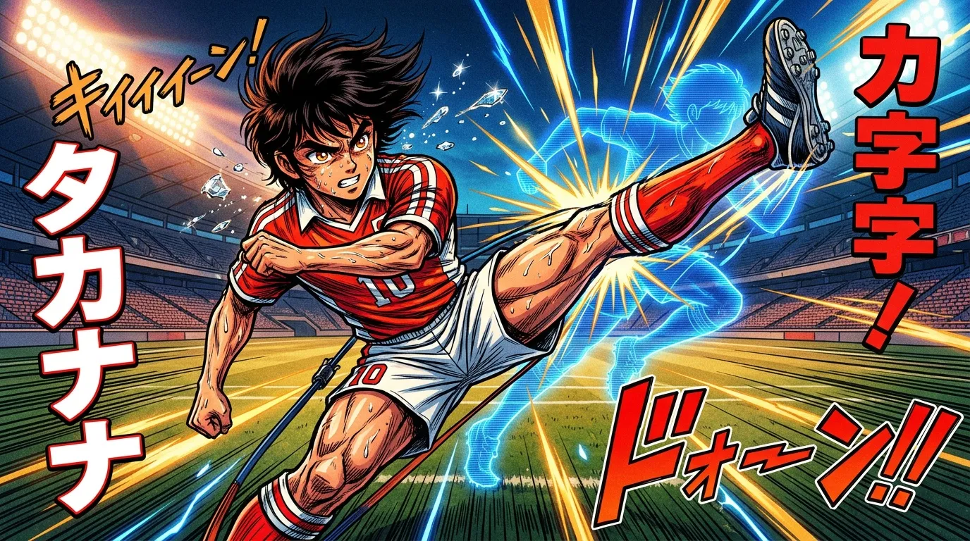 Joueur de football exécutant un tir spectaculaire avec effets lumineux.