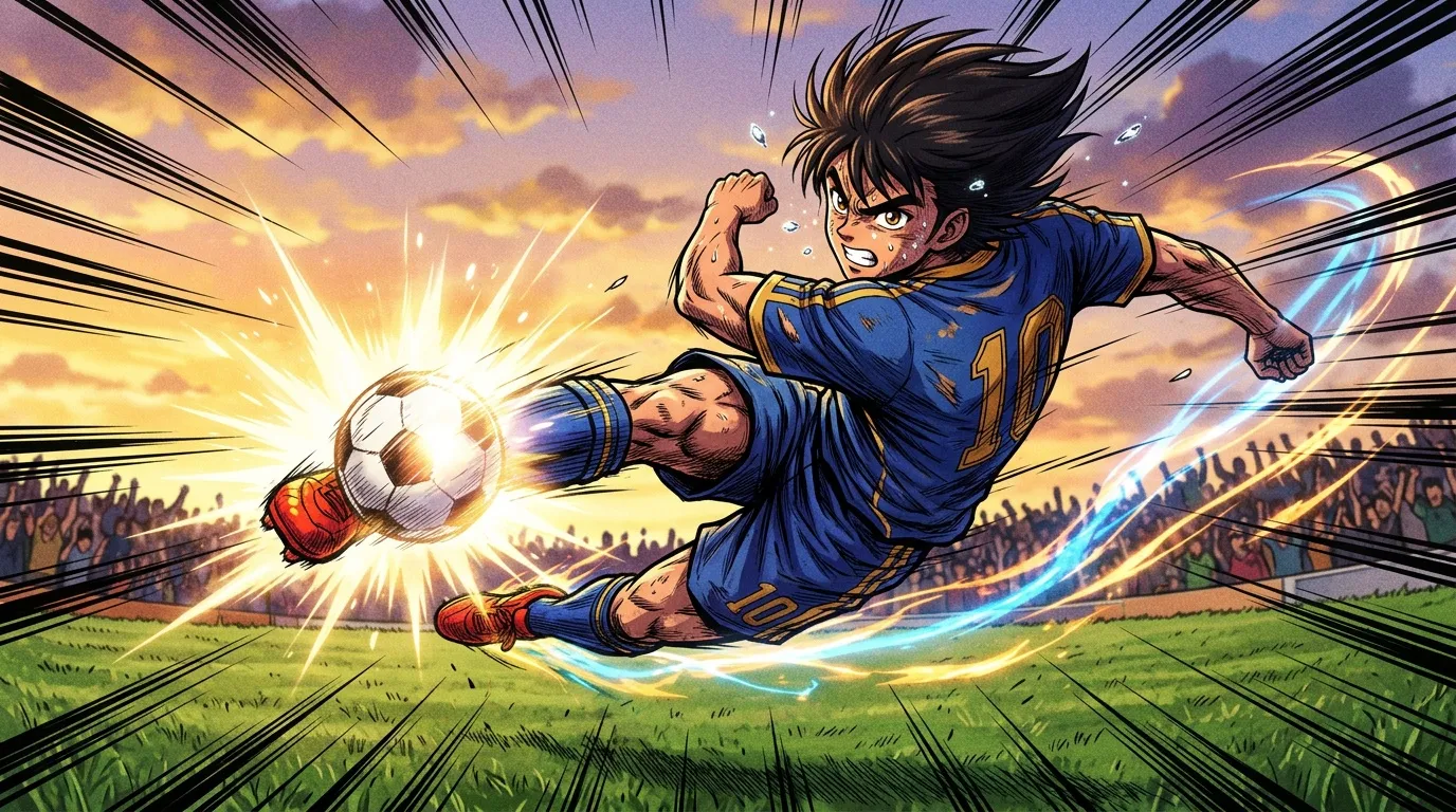 Joueur anime execute tir puissant avec energie lumineuse