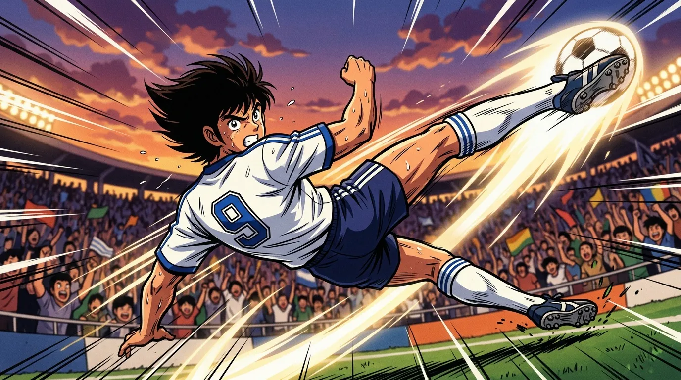 Joueur anime exécute un tir puissant au football